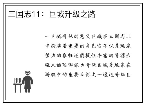 三国志11：巨城升级之路